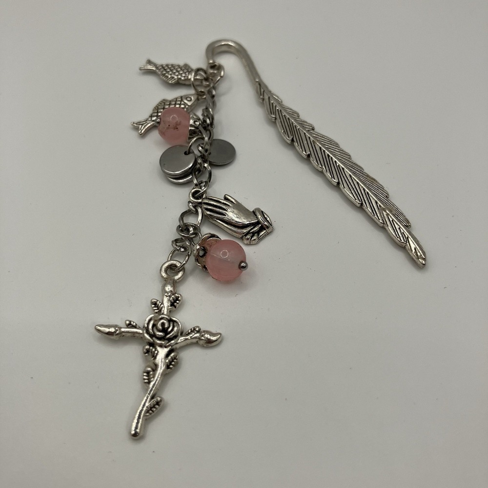Feather Bookmark  w/ Pink Glass Beads & Tiny Cross‎ & Fish Charms / Silver Tone